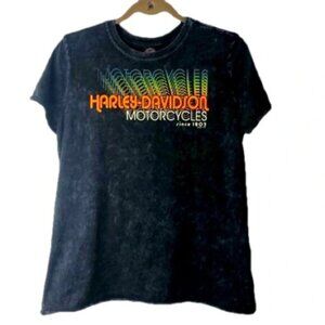 Harley Davidson Women Tee L Black  Acid Wash Graphic Logo New Hampshire